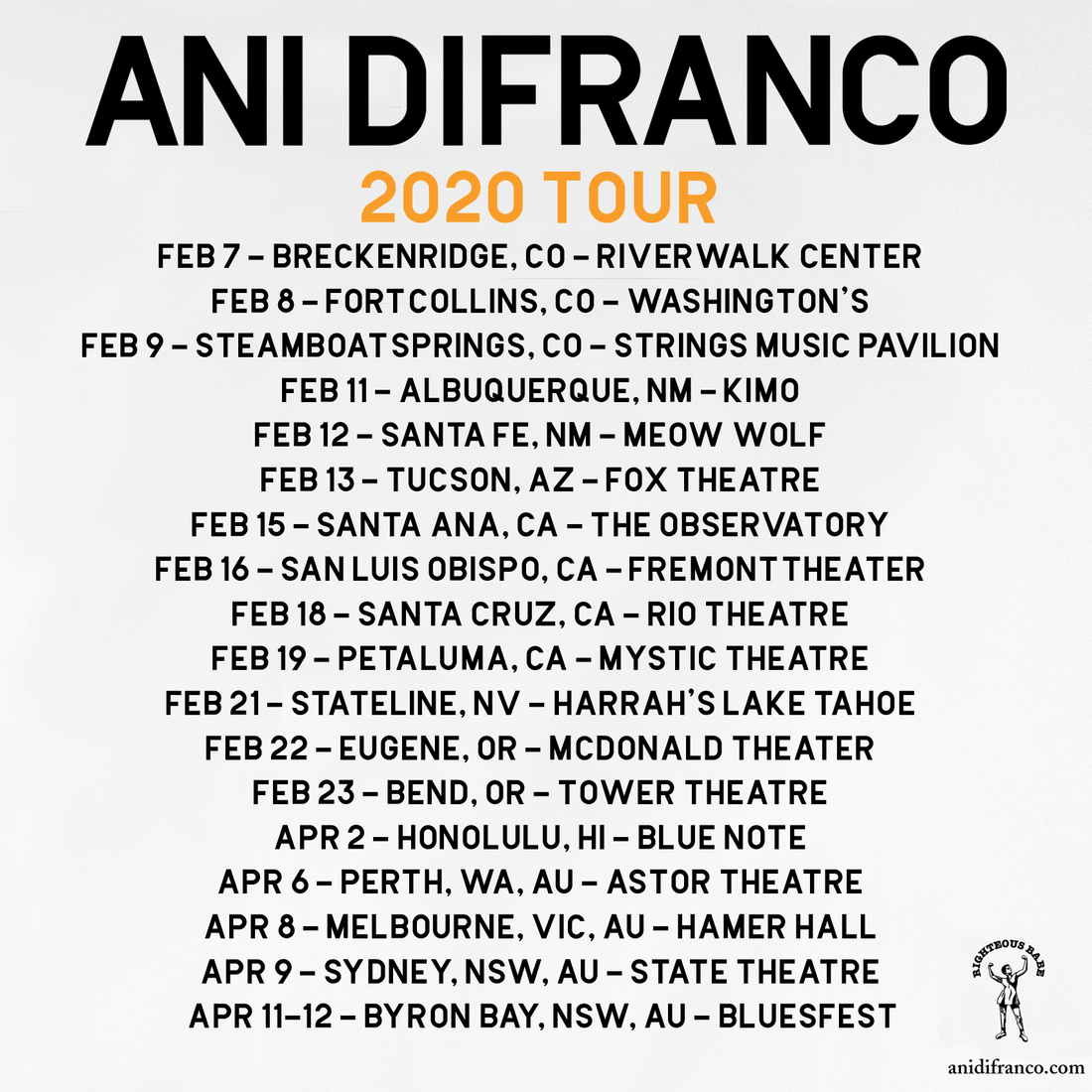 Ani DiFranco's 2020 Tour in the Western US and Australia